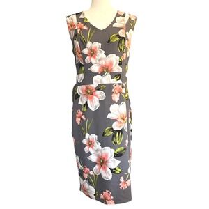 Sleeveless Sheath‎ Midi Dress Gray Pink Floral Print Stretch Women's Size Large